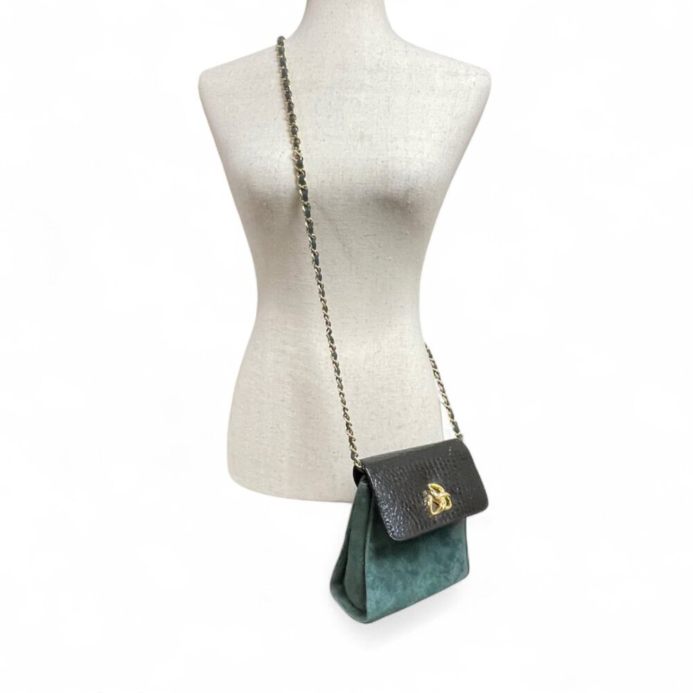 Vingage Magid Green Suede Black Leather Crossbody Bag with Gold tone Chain Strap